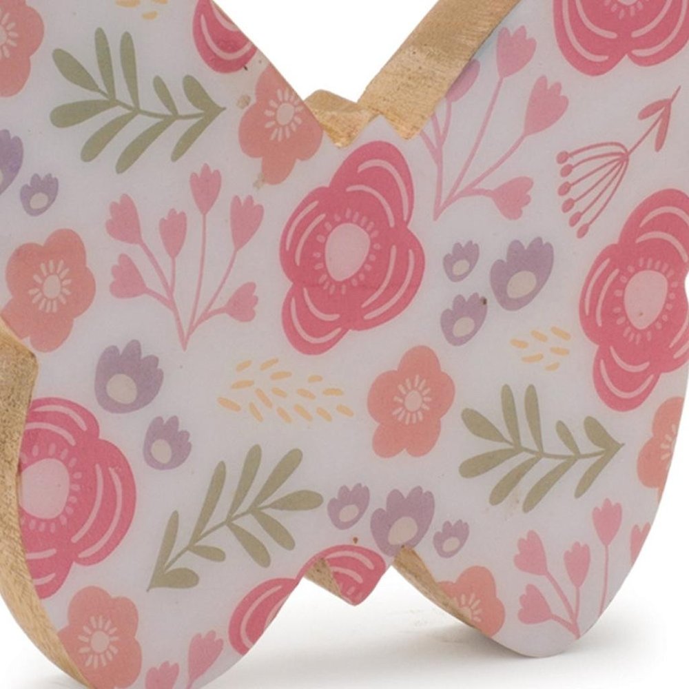 Set of Two White And Pink Wood Butterfly Tabletop Sculpture