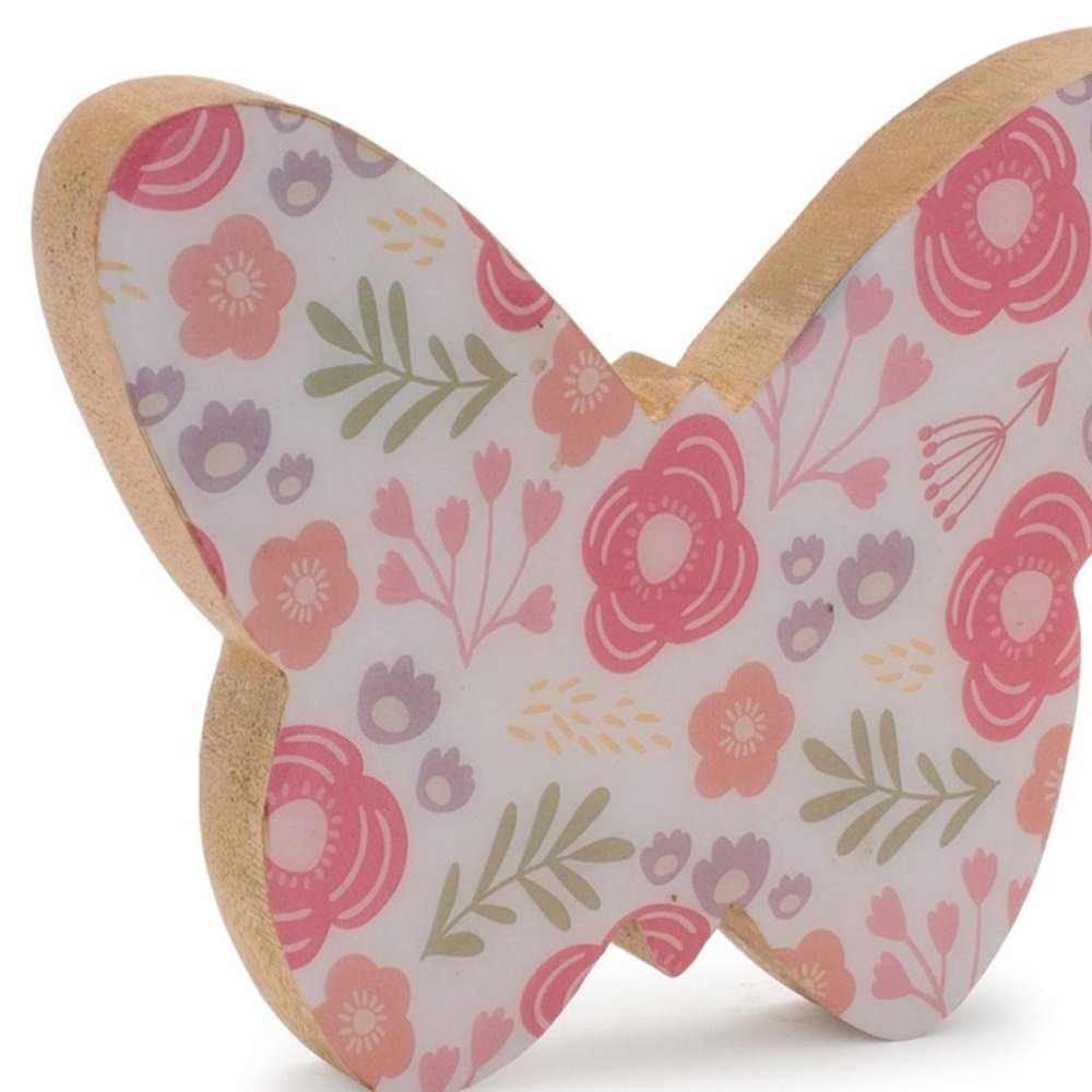 Set of Two White And Pink Wood Butterfly Tabletop Sculpture