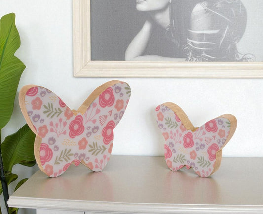 Set of Two White And Pink Wood Butterfly Tabletop Sculpture
