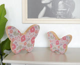 Set of Two White And Pink Wood Butterfly Tabletop Sculpture