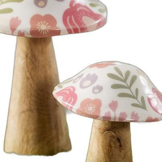 Set of Two Brown Pink And Green Wood Mushroom Tabletop Sculpture