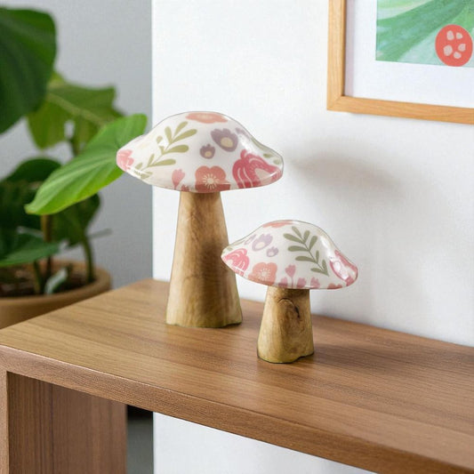 Set of Two Brown Pink And Green Wood Mushroom Tabletop Sculpture