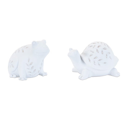 Set of Two White Polyresin Frog And Turtle Figurines