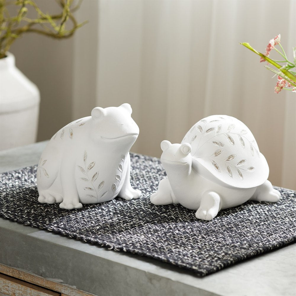 Set of Two White Polyresin Frog Figurine