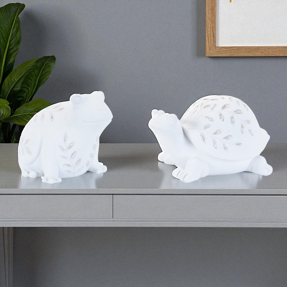 Set of Two White Polyresin Frog Figurine
