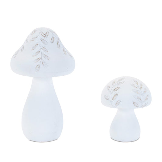 Set of Two White Polyresin Mushroom Tabletop Sculpture