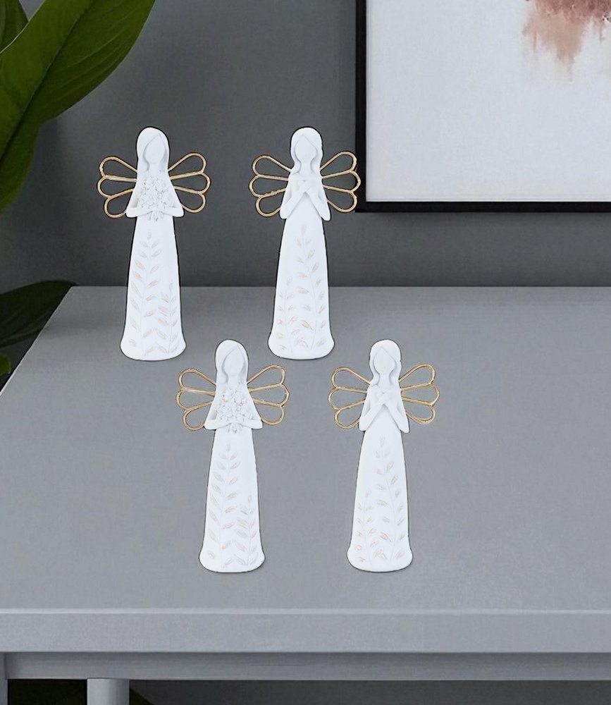 Set of Two White And Gold Polyresin Angel Figurine