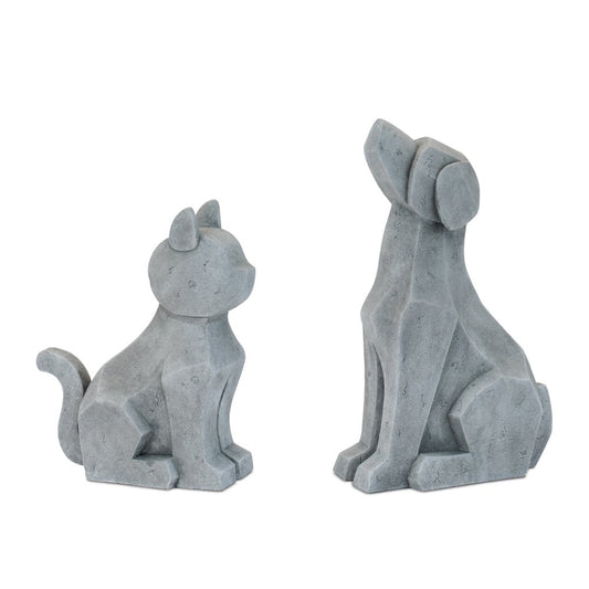 Set of Two Gray Polyresin Cat And Dog Figurines