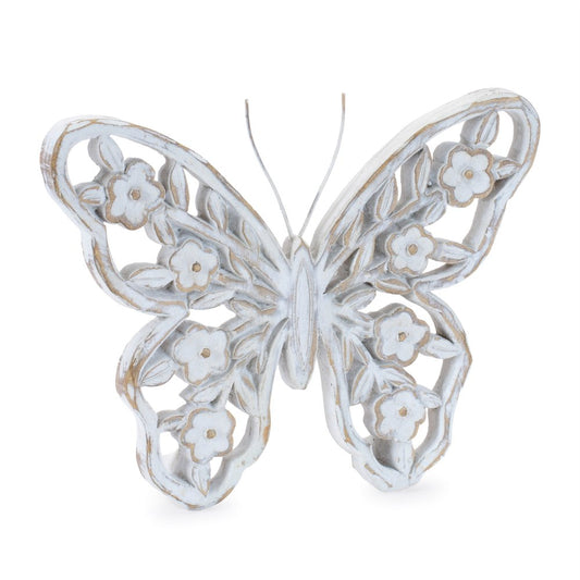 Set of Two White And Beige Polyresin Butterfly Tabletop Sculpture