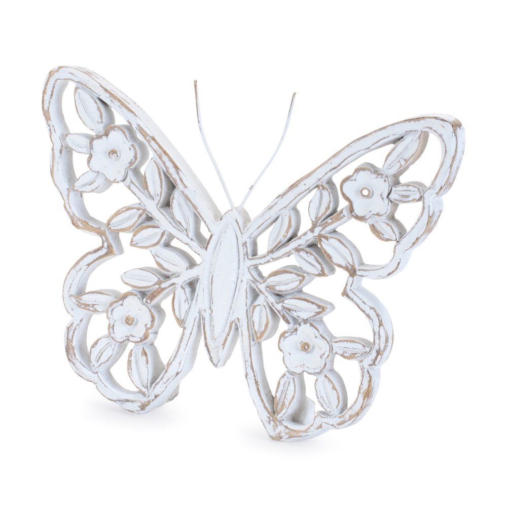 Set of Two White And Beige Polyresin Butterfly Tabletop Sculptures