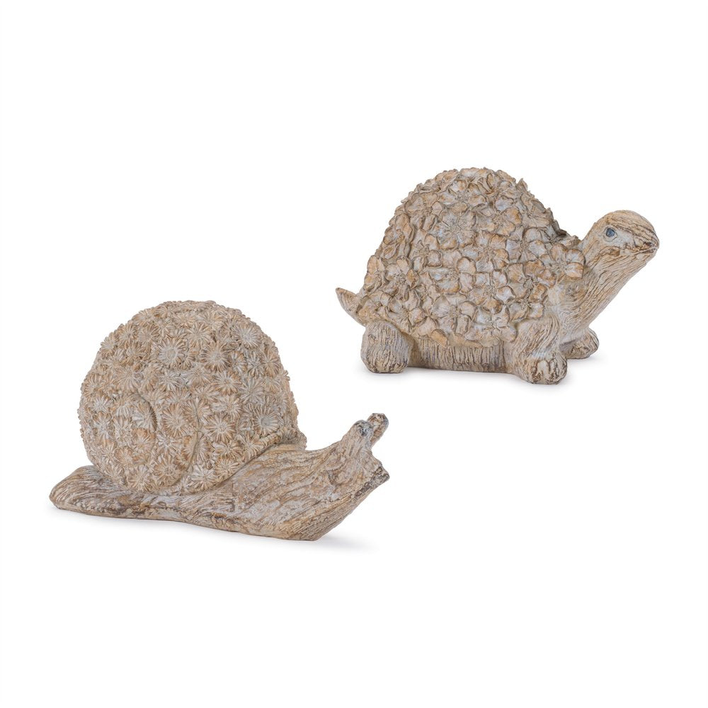 Set of Two Brown Polyresin Snail And Turtle Tabletop Sculptures