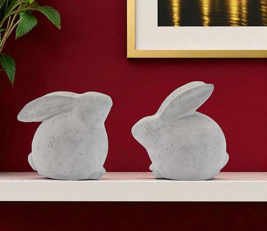 Set of Two Gray Polyresin Rabbit Figurine