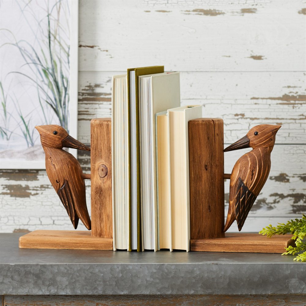 Set of Two Brown Wood Bird Decorative Bookends
