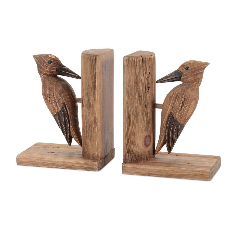 Set of Two Brown Wood Bird Decorative Bookends