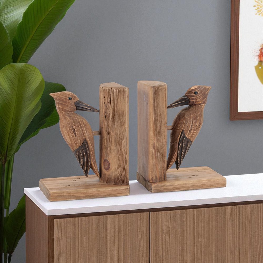 Set of Two Brown Wood Bird Decorative Bookends