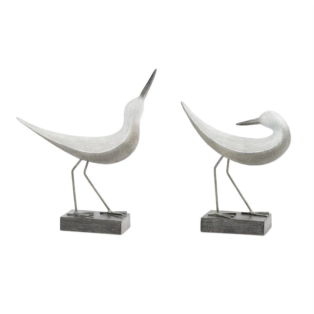 Set of Two White Polyresin Bird Figurine