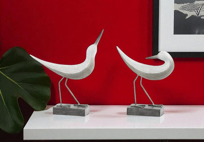 Set of Two White Polyresin Bird Figurine