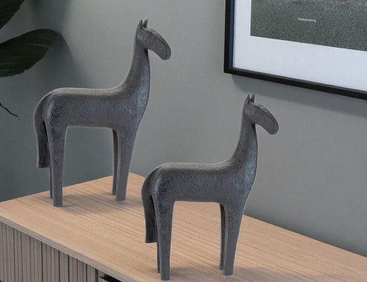Set of Two Black Polyresin Horse Tabletop Sculpture