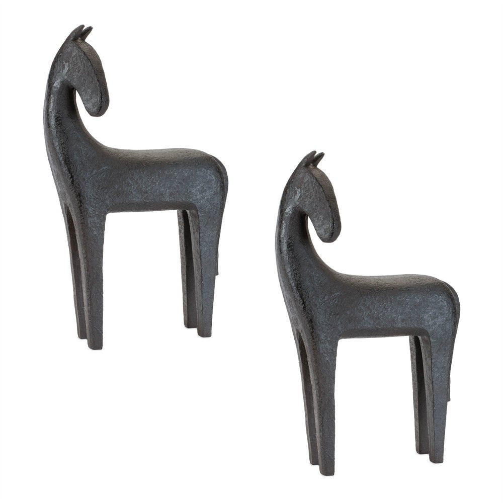 Set of Two Black Polyresin Horse Tabletop Sculpture