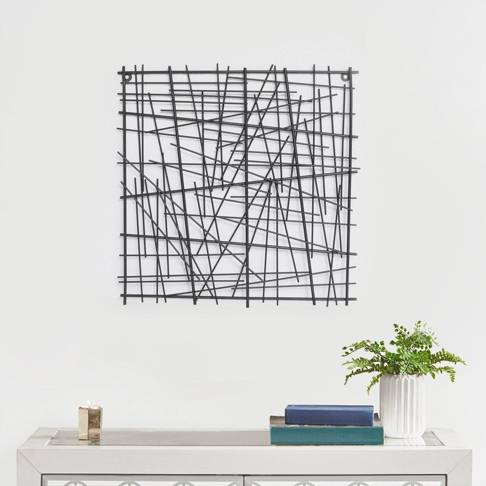 20" X 20" Black Abstract Lines Metal Square Hanging Dimensional Sculpture