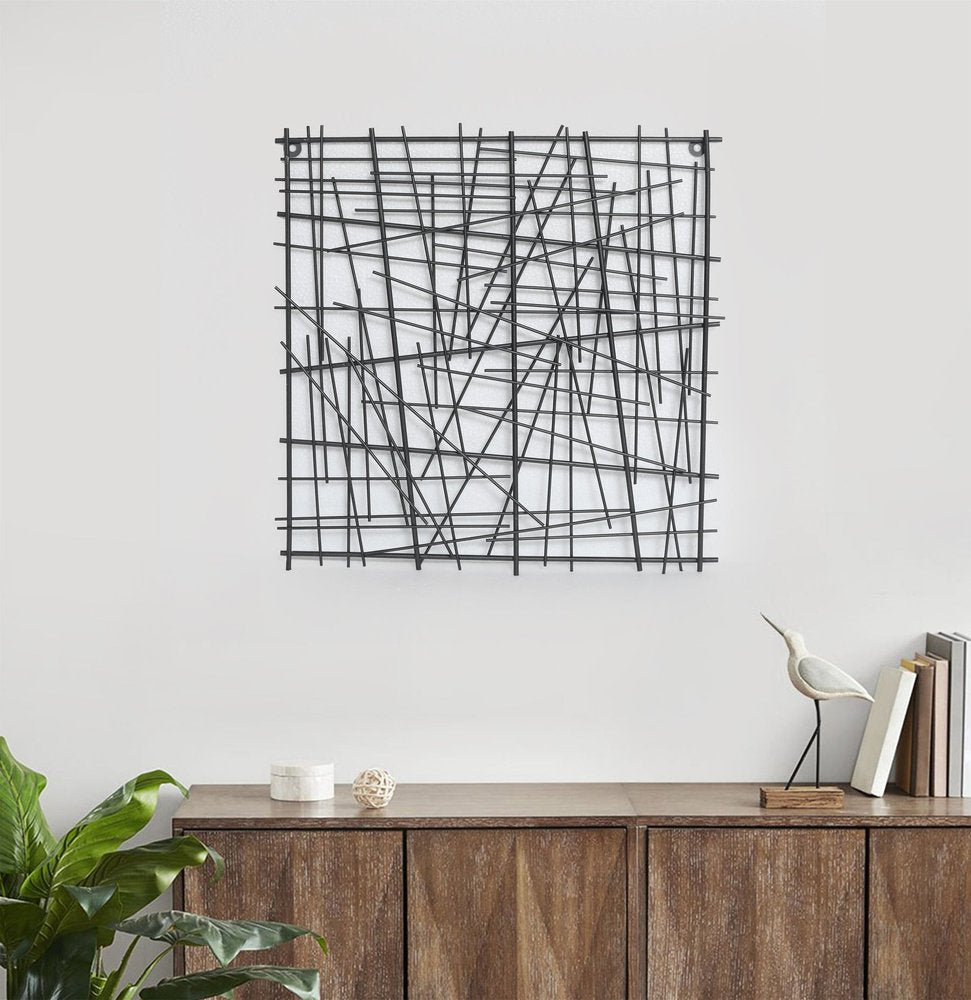20" X 20" Black Abstract Lines Metal Square Hanging Dimensional Sculpture