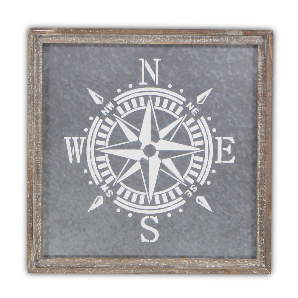 17" X 17" Gray Compass Galvanized Metal And Wood Square Framed Art
