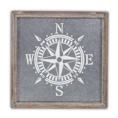 17" X 17" Gray Compass Galvanized Metal And Wood Square Framed Art