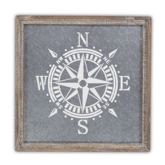 17" X 17" Gray Compass Galvanized Metal And Wood Square Framed Art