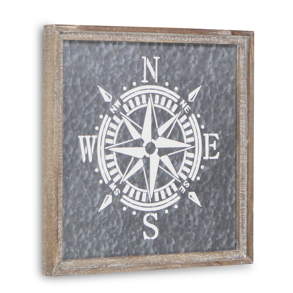 17" X 17" Gray Compass Galvanized Metal And Wood Square Framed Art