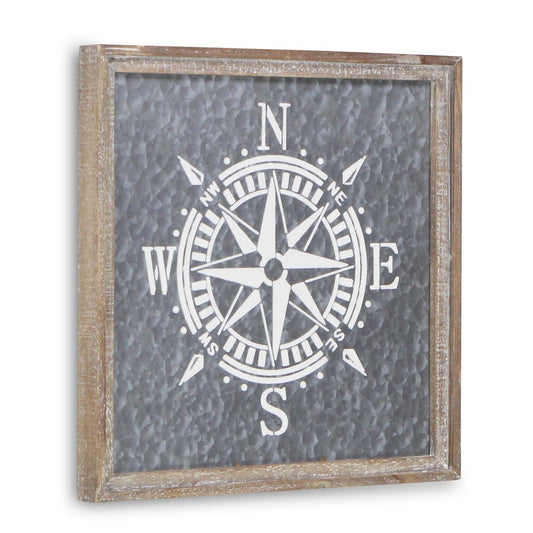 17" X 17" Gray Compass Galvanized Metal And Wood Square Framed Art