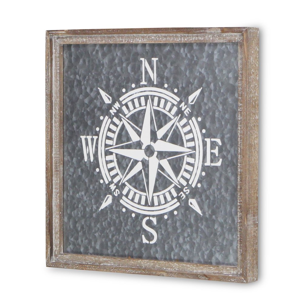 17" X 17" Gray Compass Galvanized Metal And Wood Square Framed Art