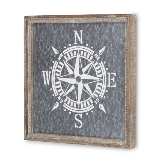 17" X 17" Gray Compass Galvanized Metal And Wood Square Framed Art