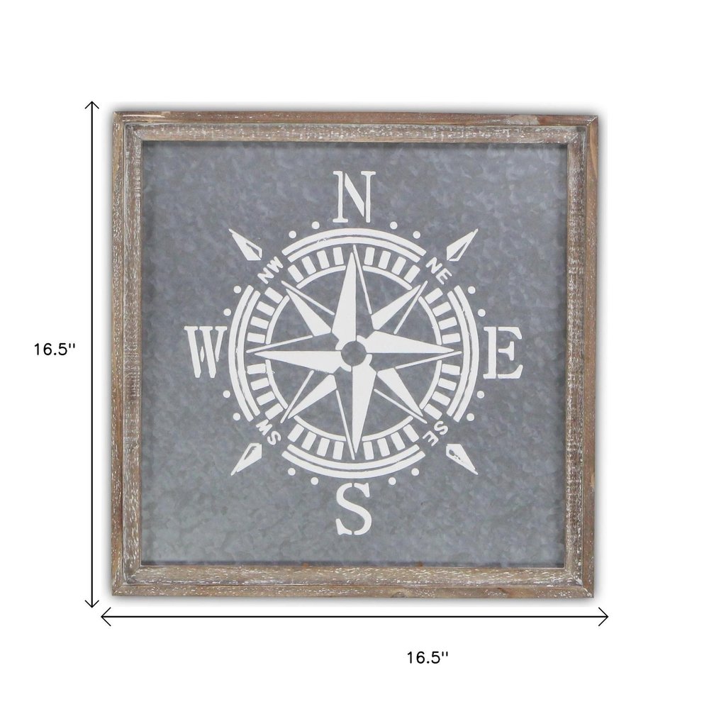 17" X 17" Gray Compass Galvanized Metal And Wood Square Framed Art