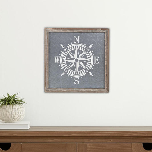 17" X 17" Gray Compass Galvanized Metal And Wood Square Framed Art