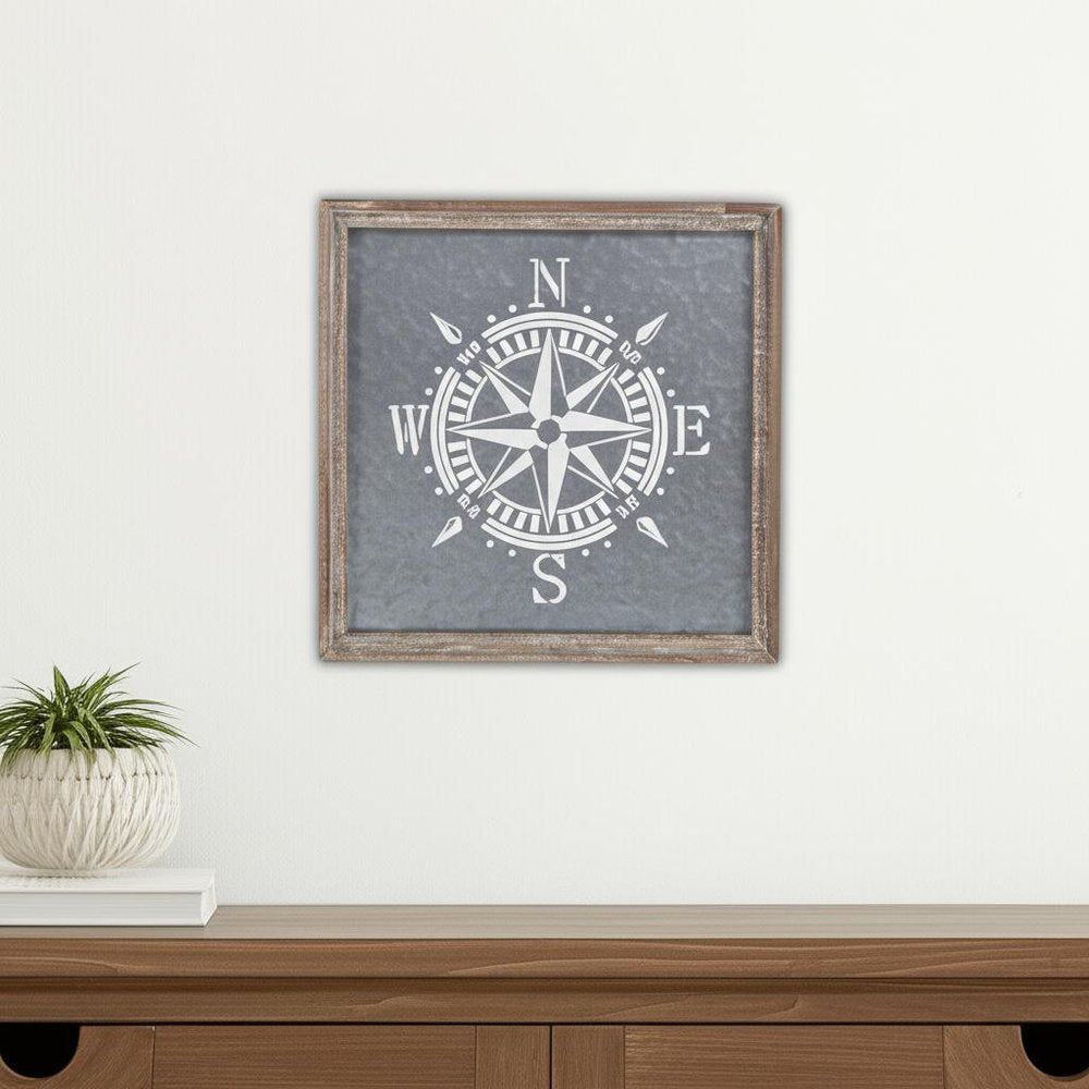 17" X 17" Gray Compass Galvanized Metal And Wood Square Framed Art