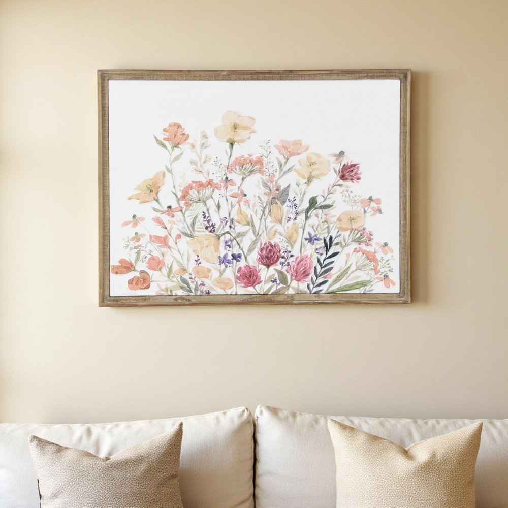 24" X 32" Natural And White Flower Bouquet Metal And Wood Framed Art