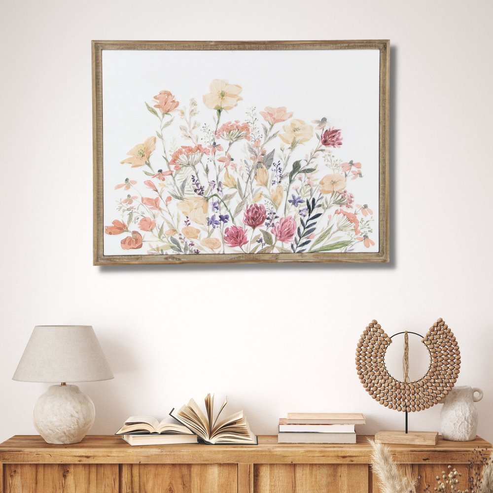 24" X 32" Natural And White Flower Bouquet Metal And Wood Framed Art