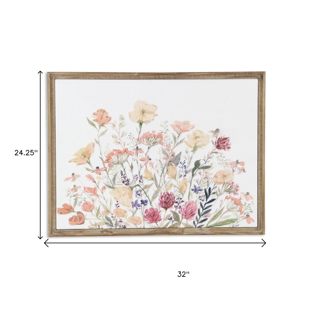 24" X 32" Natural And White Flower Bouquet Metal And Wood Framed Art