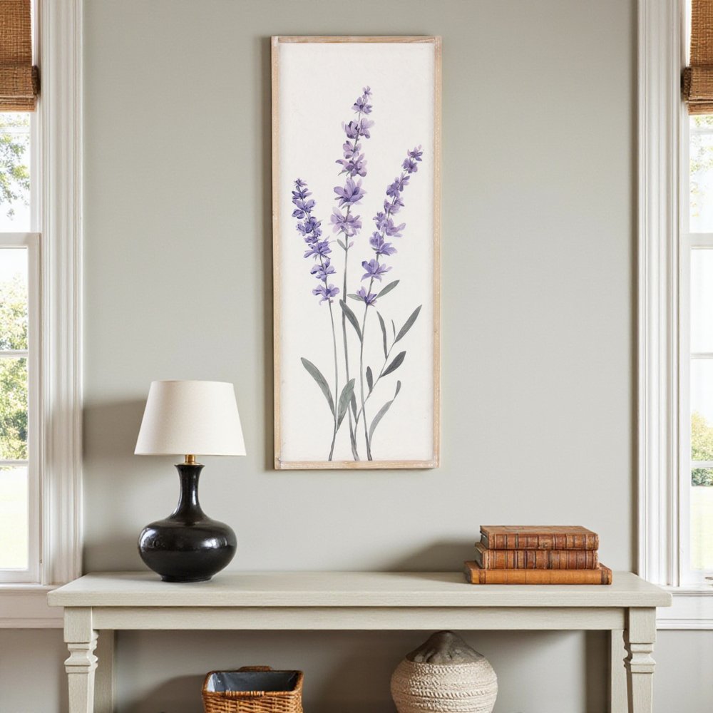32" X 12" Natural White And Lavender Floral Wood Framed Art