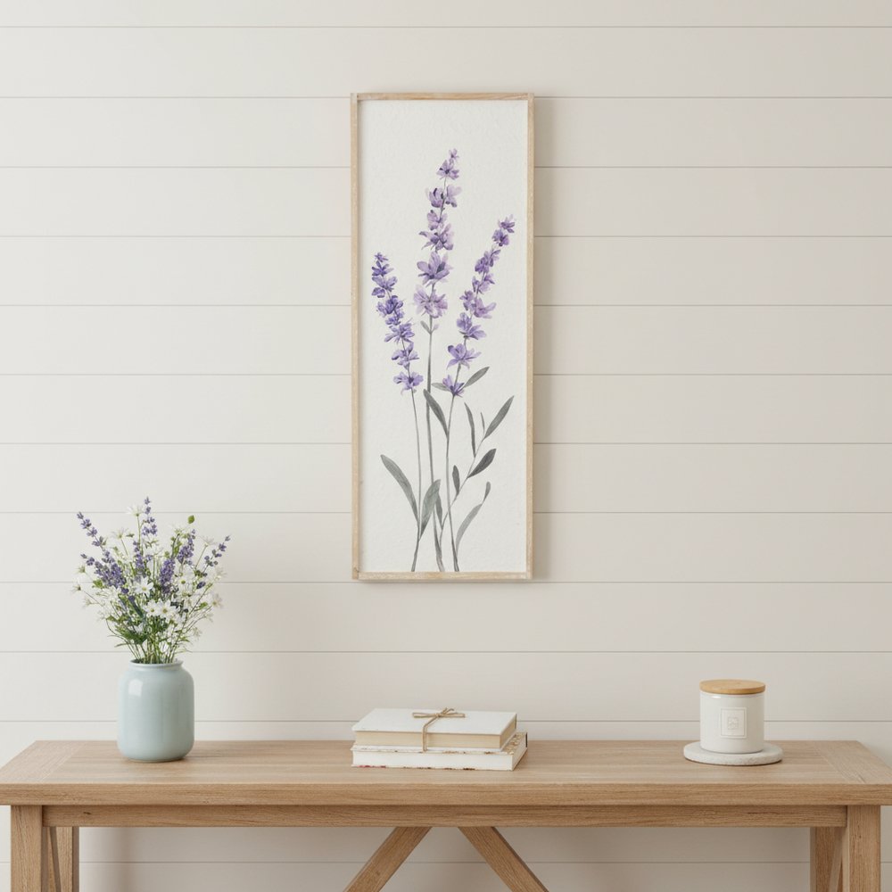 32" X 12" Natural White And Lavender Floral Wood Framed Art