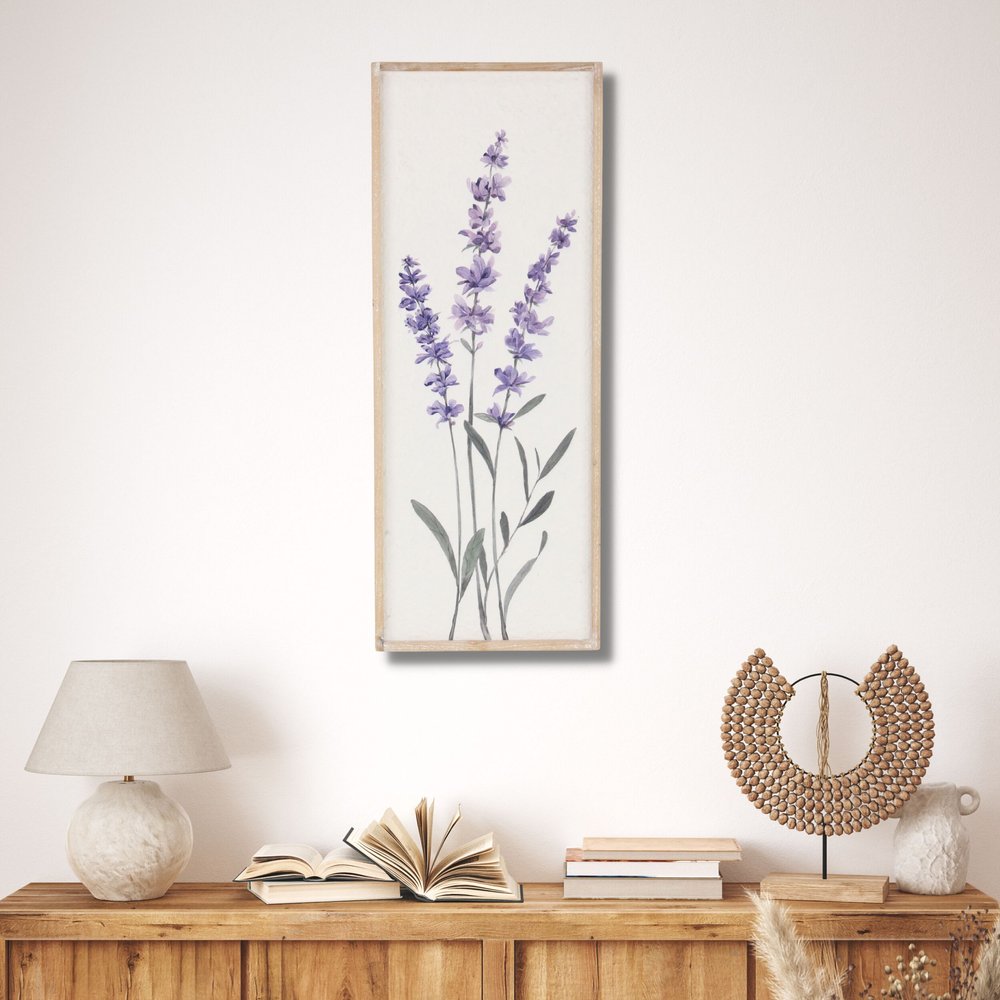32" X 12" Natural White And Lavender Floral Wood Framed Art