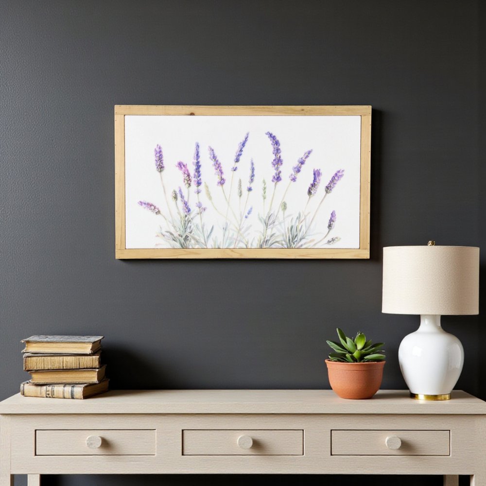 16" X 26" Natural White And Lavender Floral Wood Framed Art