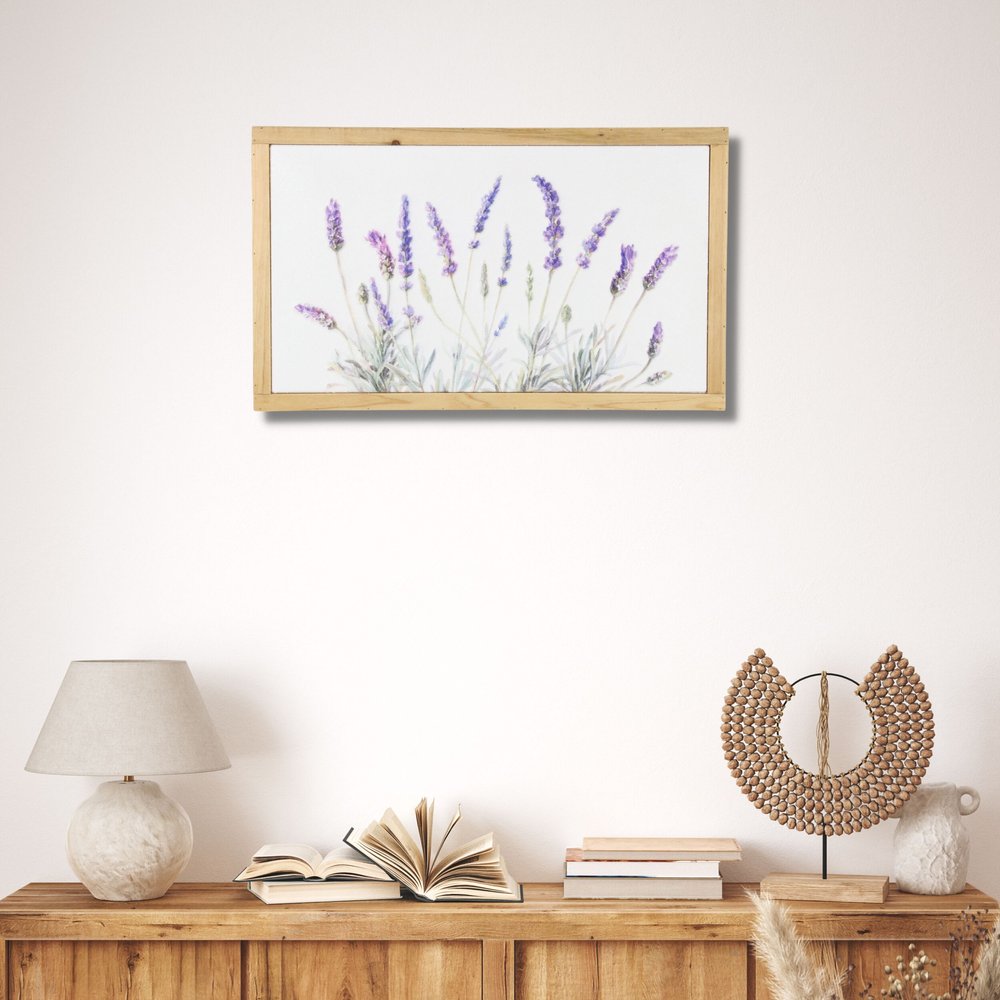 16" X 26" Natural White And Lavender Floral Wood Framed Art