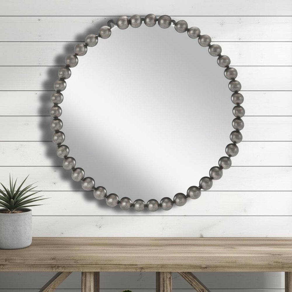 24" Dark Gray Iron Beaded Round Accent Mirror