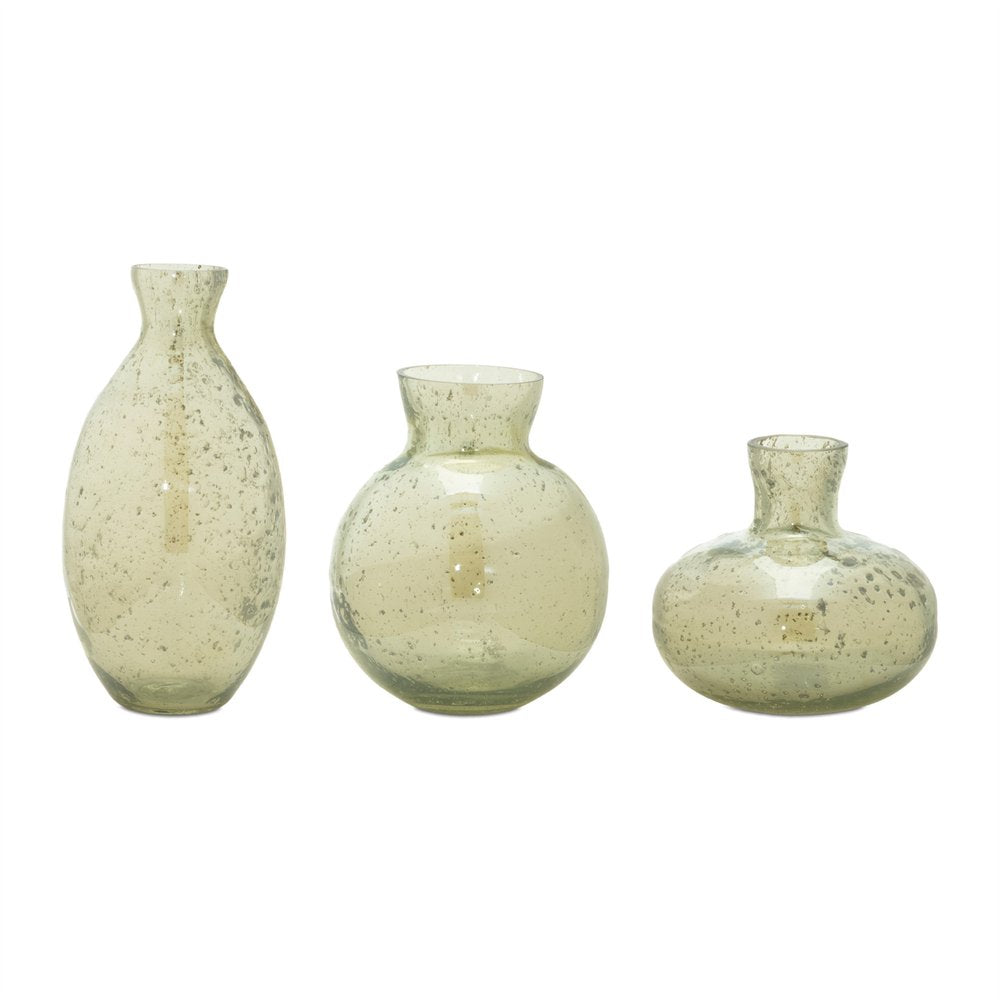 Set of Three Sage Green Seeded Bubble Glass Table Vases
