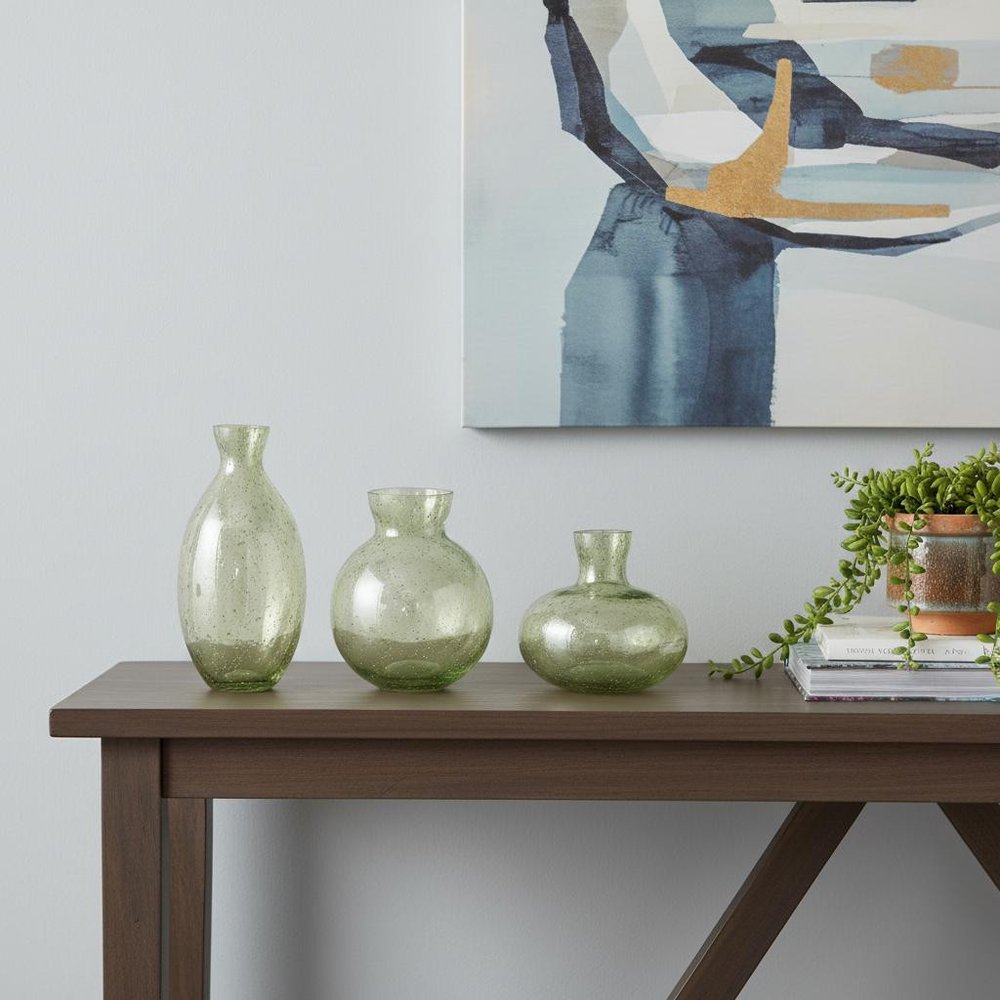 Set of Three Sage Green Seeded Bubble Glass Table Vases