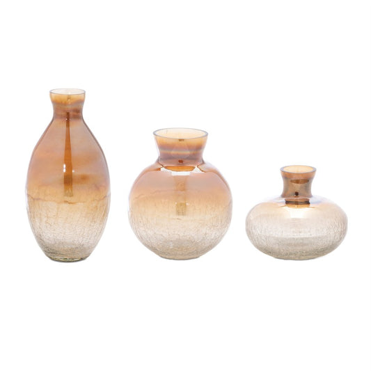 Set of Three Beige And Brown Crackle Glaze Glass Table Vases