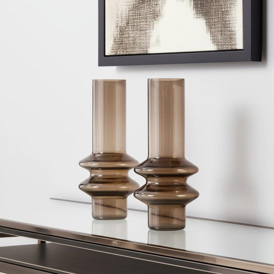 Set of Two Translucent Taupe Glass Cylinder Table Vases