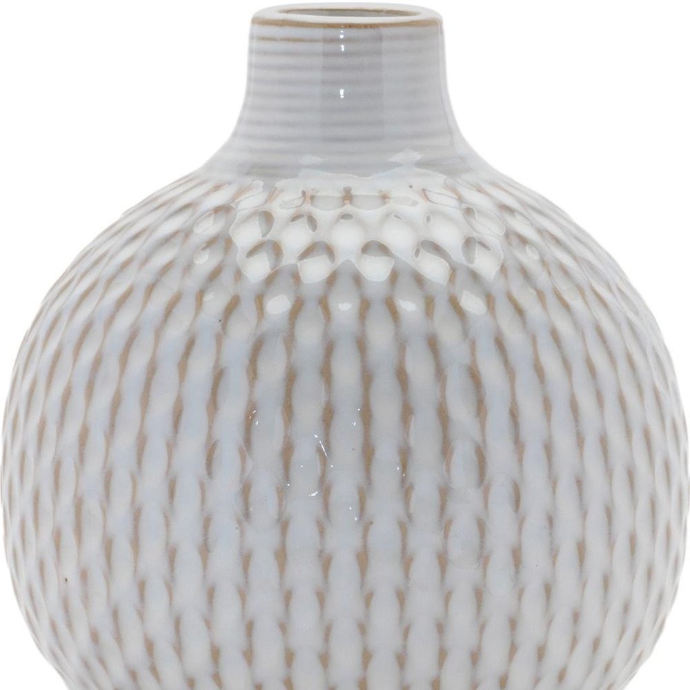 Set of Four Natural And Off White Ceramic Bud Vases With Sculptural Details