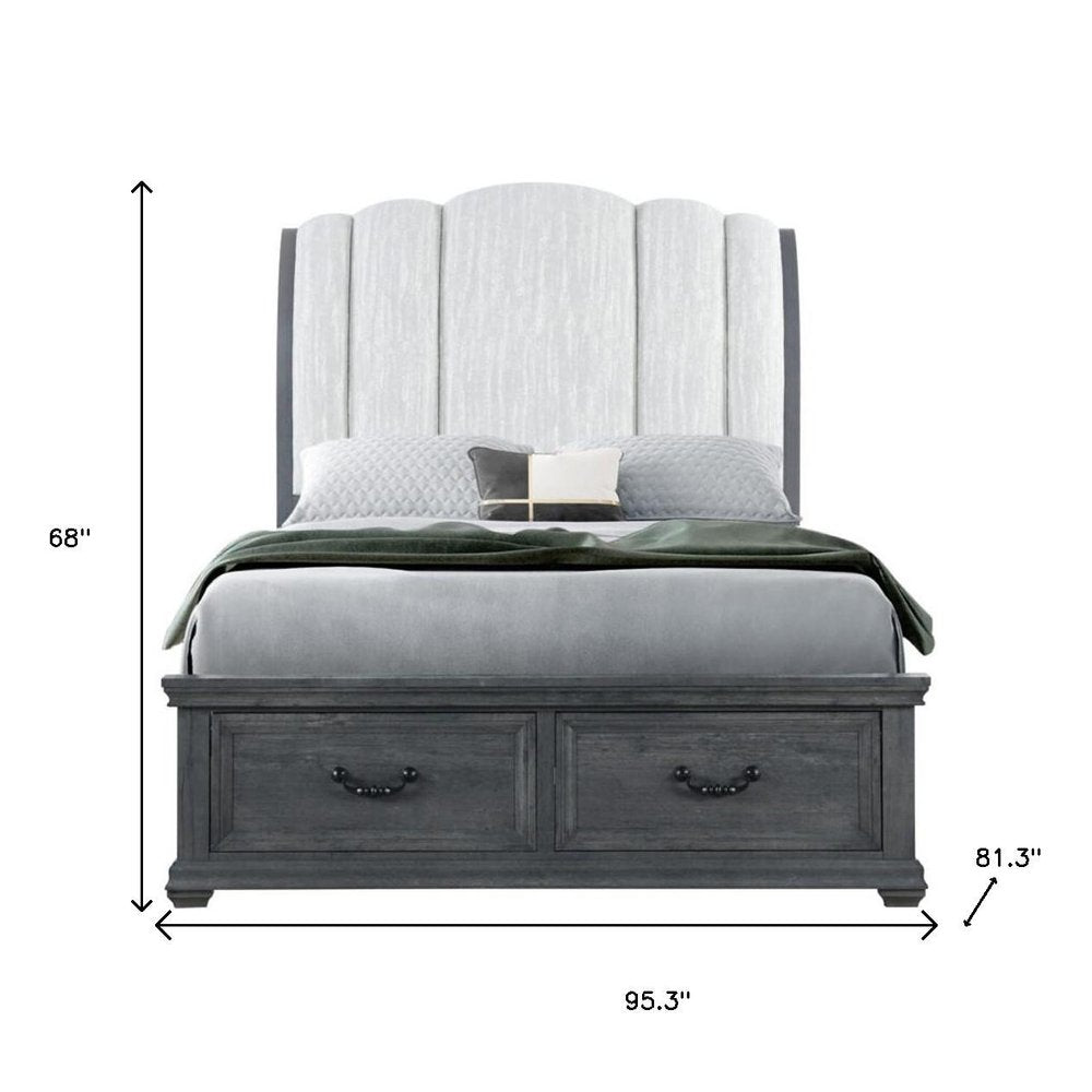 Gray Distressed Wood And Upholstery King Bed Frame With Drawers